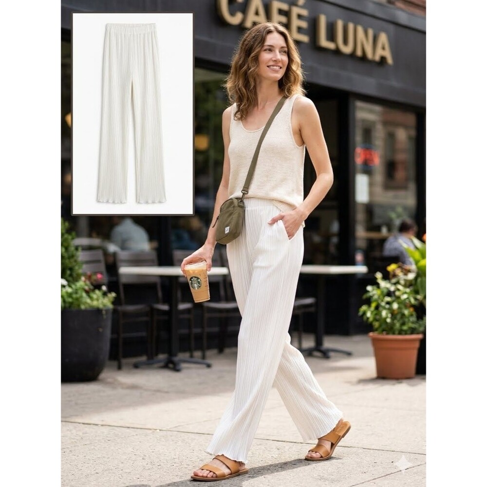 True White Ribbed/plisse Palazzo Pants Women’s S TALL